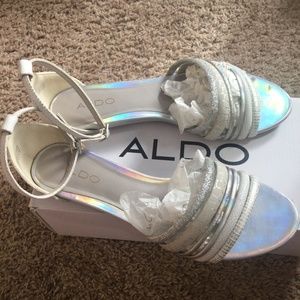 Aldo Bling, White, And Silver Open-Toe Flats With Ankle Strap